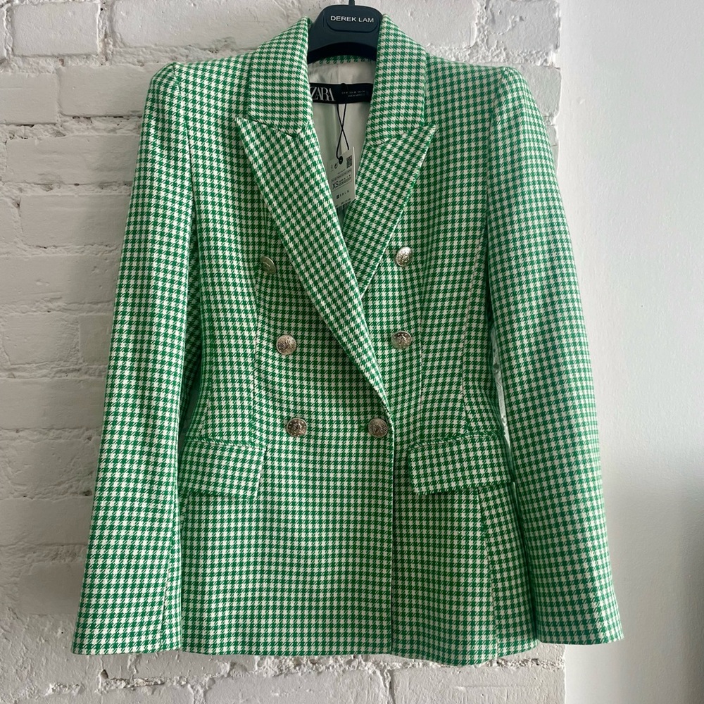 Zara Women's Green Check Blazer Jacket NWT